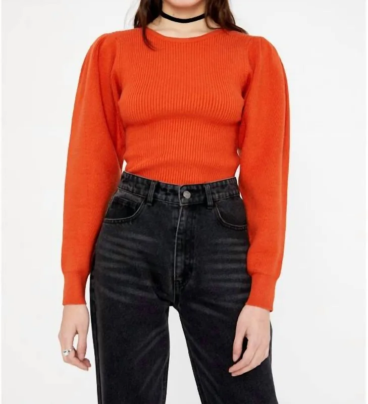 Loose Fit Knit Tops Round Neck Ribbed Sweater In Orange