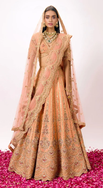 Casual Day Dresses Peach Silk Embroidered Lehenga Set