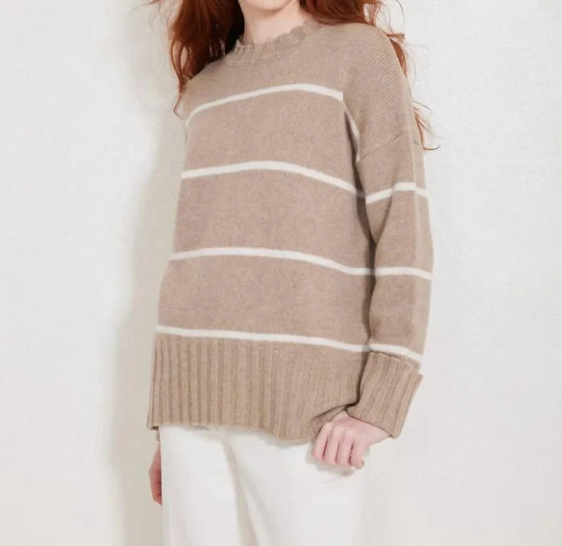 Knit Tops For Layering Under Coats Mila Cashmere Crewneck Sweater In Latte & Light Grey Stripe