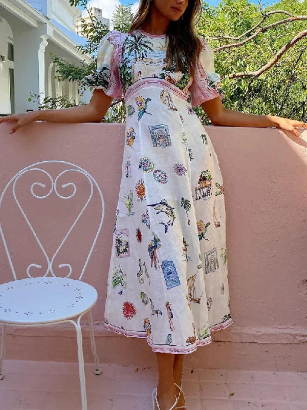 Stylish Summer Dresses Feature Printed Ethnic Style Graceful Round Neck Midi Dress