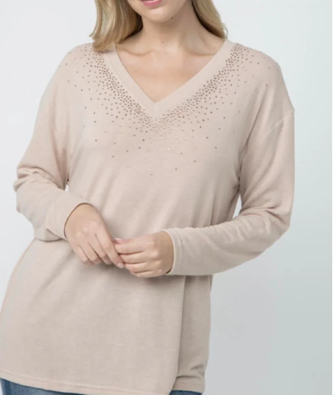 High-Neck Knit Tops For Women Vneck Long Sleeve Top With Stones On Neckline In Sand