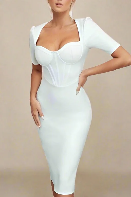 Dressy Evening Dresses Lola Short Sleeve Bodycon Midi Dress - Pearl White