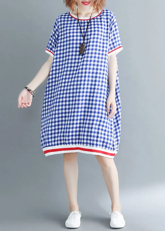 Formal Occasion Dresses French o neck cotton outfit plus size Work Outfits blue Plaid Dress Summer