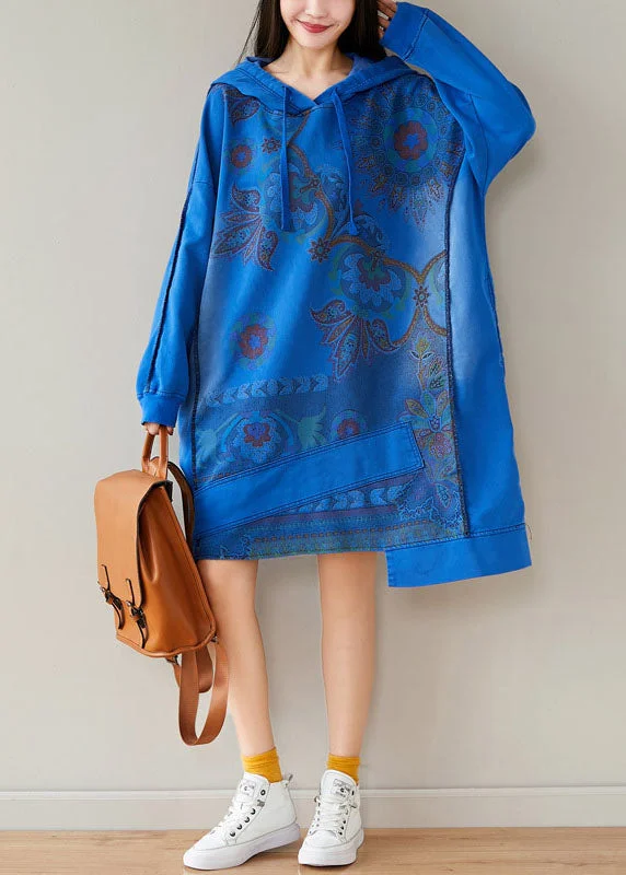 Cute Summer Dresses Blue Print Sweatshirts dresses drawstring Asymmetrical Spring