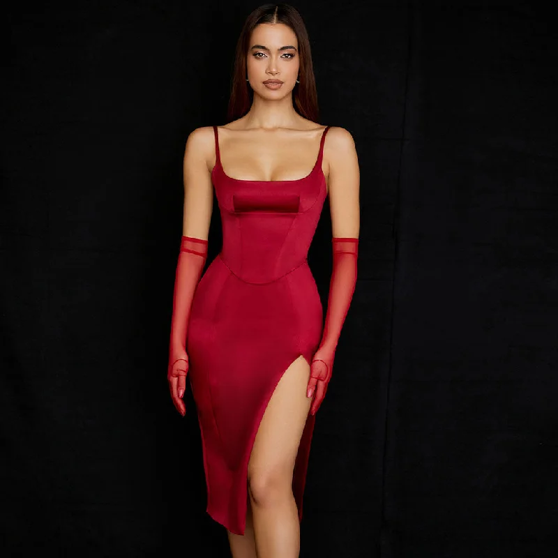 Chic Evening Dresses High Slit Slip Cocktail Midi Dress - Red