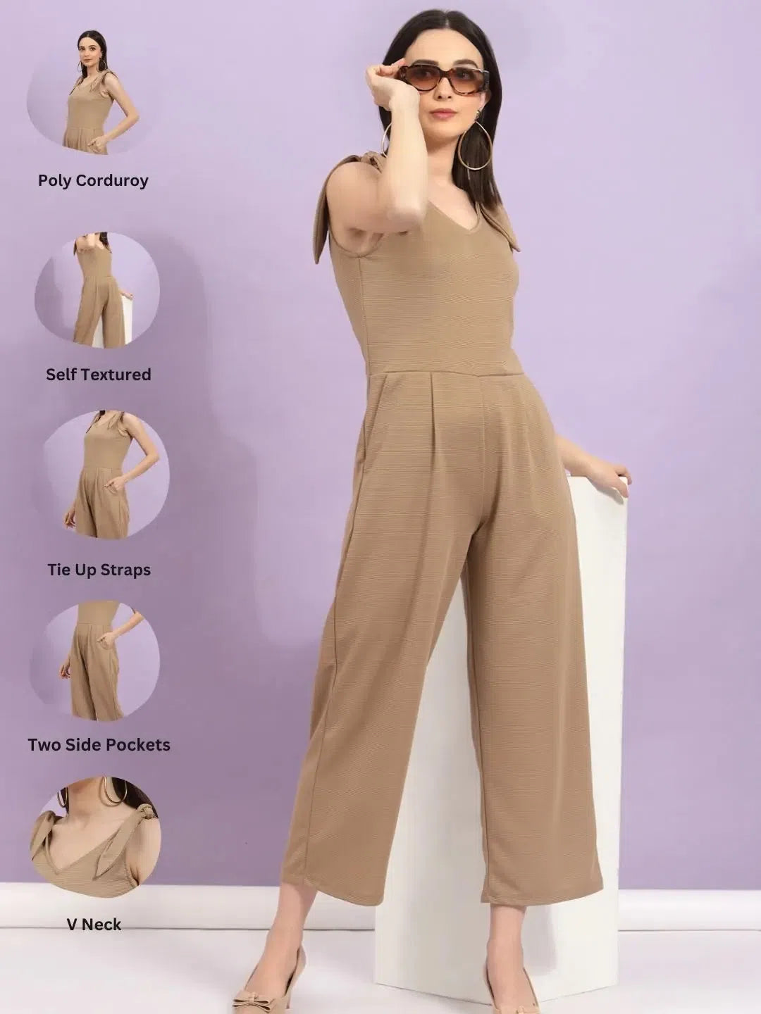 Women's Fitted One-Piece Outfits Rigo Poly Corduroy V Neck Tie-Up Straps Jumpsuit-WJD306-1019-L