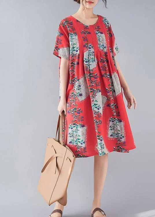 Cute Summer Dresses Handmade red print linen clothes Women Fine Tutorials o neck baggy summer Dresses