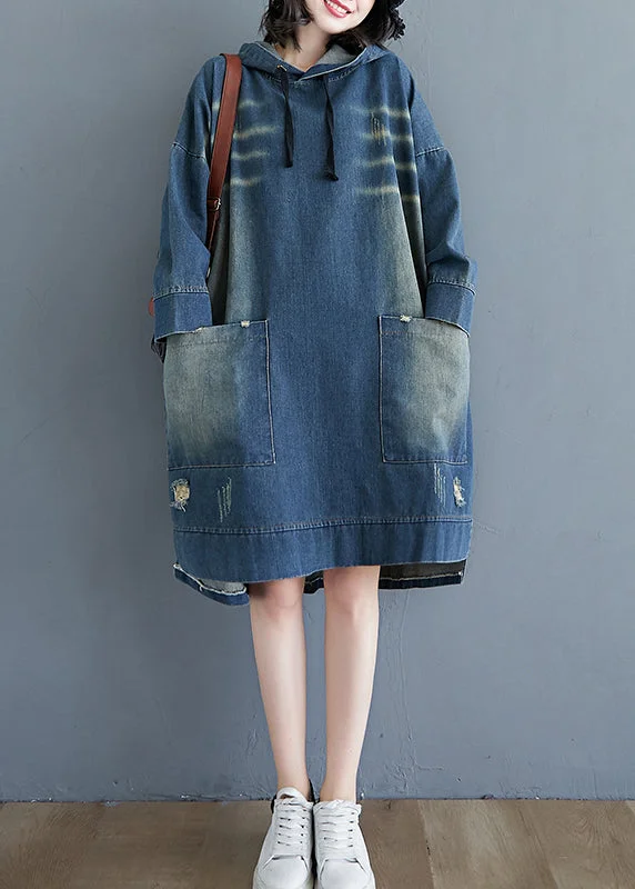 Soft Cotton Dresses Plus Size Blue drawstring Hooded pocket Denim Dress Long Sleeve