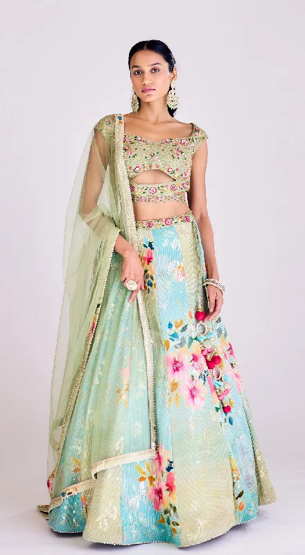 Cute Summer Dresses Green Georgette Lehenga Set