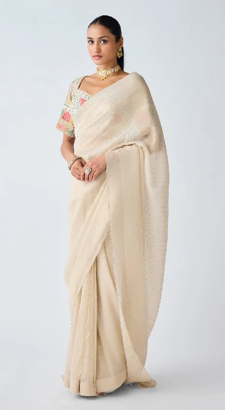 Soft Cotton Dresses Ivory Sequins & Resham Work Organza Saree