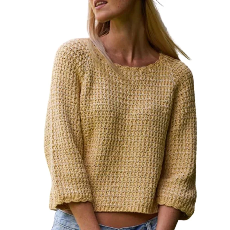 Simple Knit Tops For Casual Wear Chunky Tape Cotton Blend Textured Crew Pullover Sweater In Banana Yellow