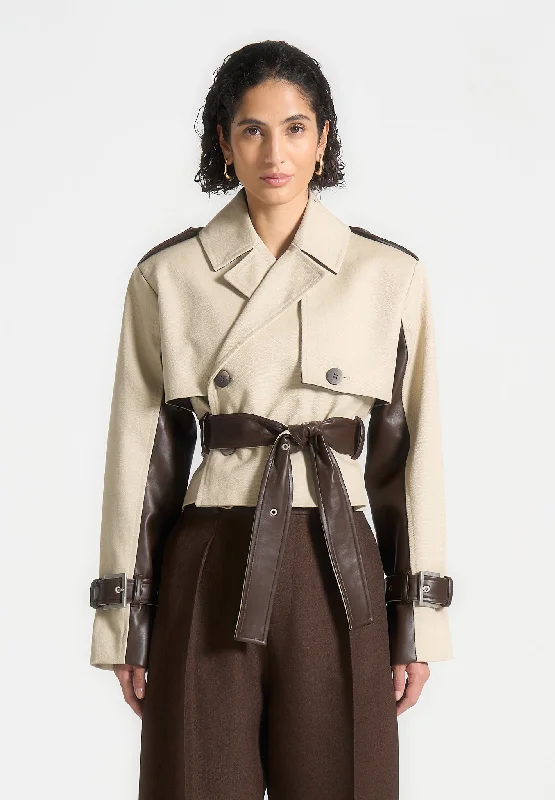 Comfortable Parka Coats Cropped Trench Coat with Belt - Beige/Brown