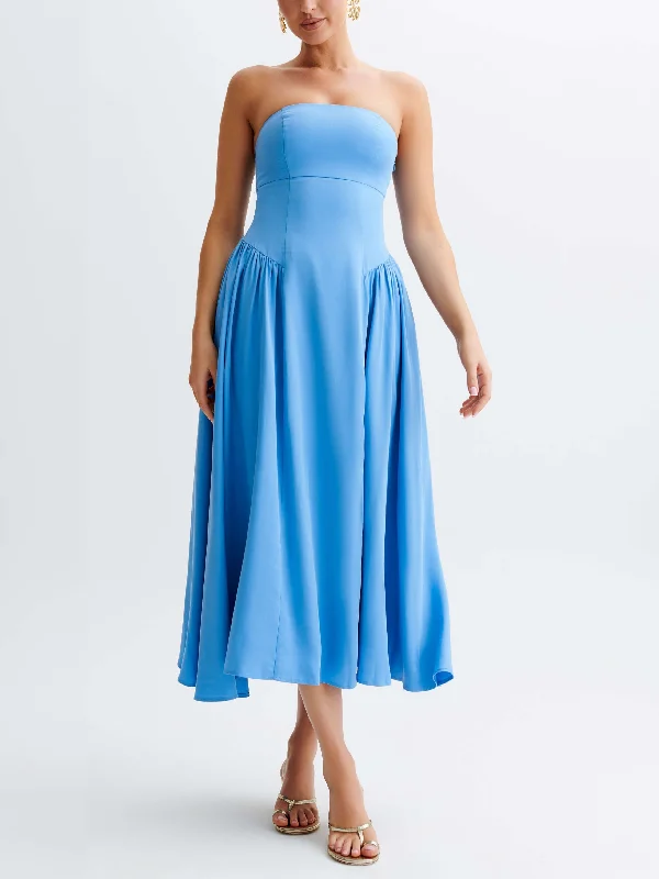 Bold Colored Dresses Tube Top Stylish Pleated Midi Dress