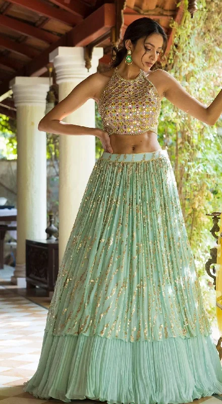 Women's Holiday Dresses Sequinned Flared Lehenga Set With Mirror Blouse - BLUE