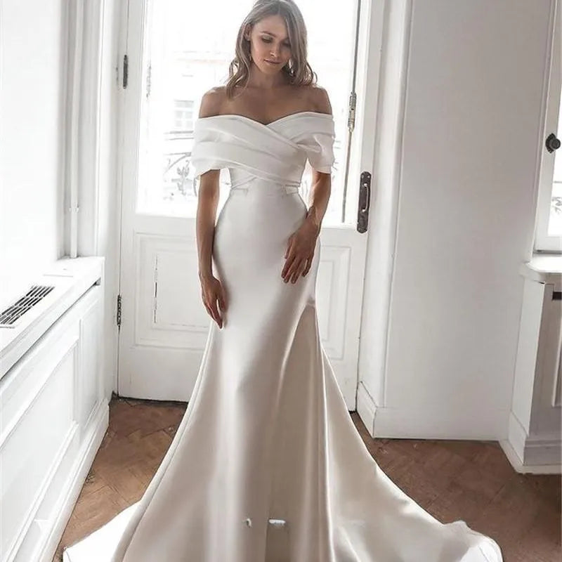 Colorful Summer Dresses Charming Off-the-Shoulder Satin Mermaid Wedding Dresses Mermaid Sleeves Court Train Customize  To Measures Robe De Mariee