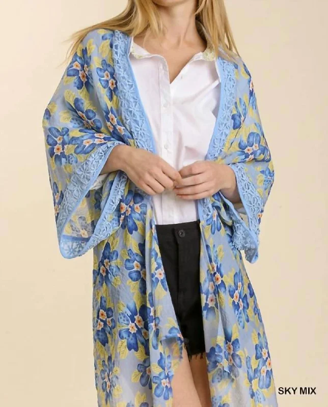 Loose Fit Knit Tops Sheer Floral Print Open Front Kimono With Crochet Detail In Sky