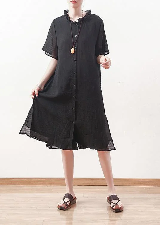 Chic Trench Dresses Style black Chiffon Shirts ruffles collar Knee summer Dresses