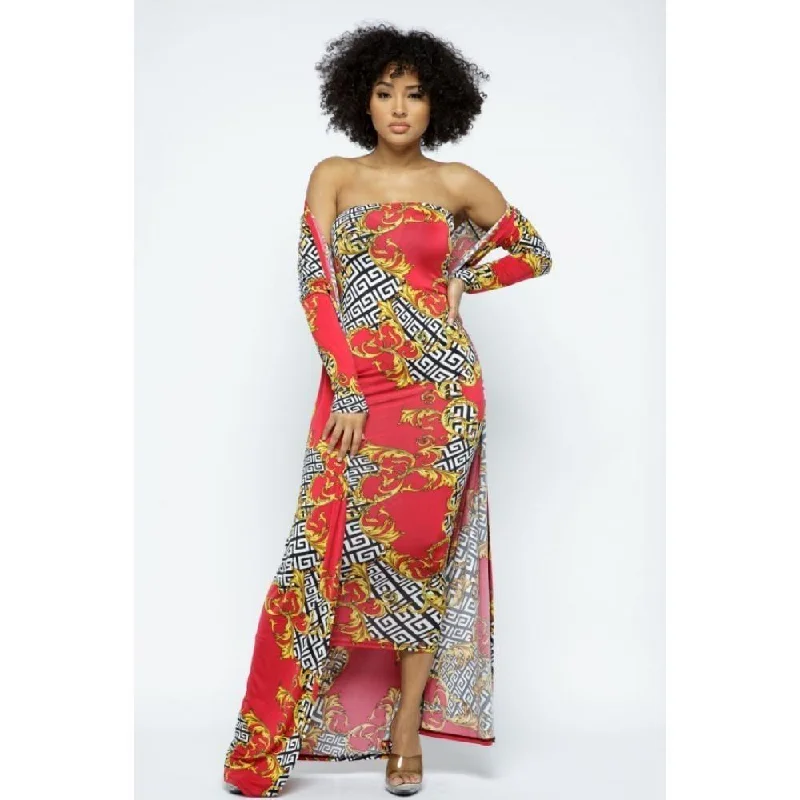 Relaxed Fit Knit Tops Venechia Print Tube Dress With Cardigan Set