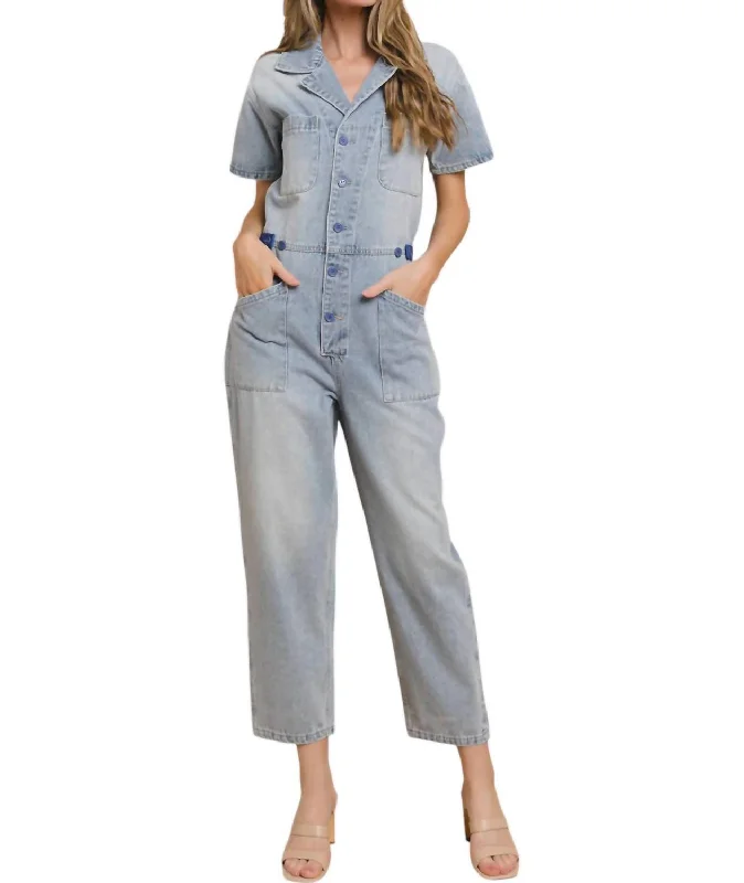 One-Piece Outfits For Work Rigid Denim Utility Jumpsuit In Light Denim