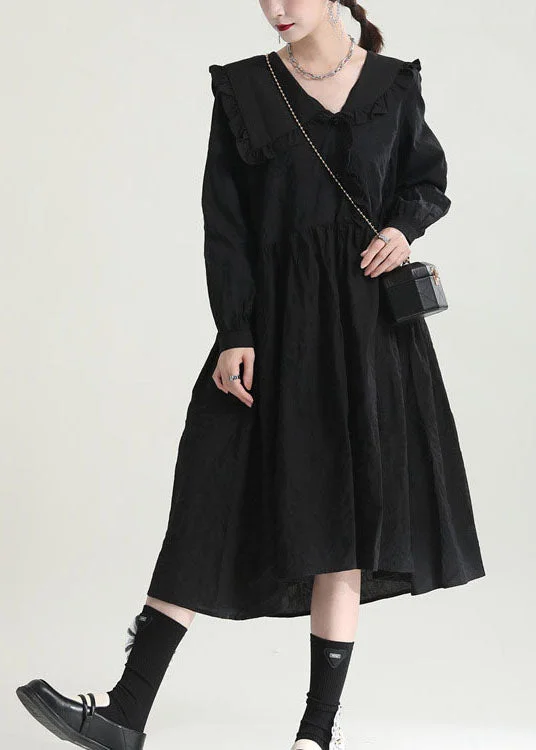 Formal Occasion Dresses Loose Black Peter Pan Collar Ruffled Dresses Spring