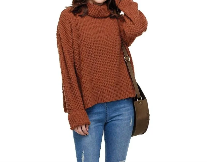 Bold Colored Knit Tops Wendy Waffle Knit Sweater In Rust