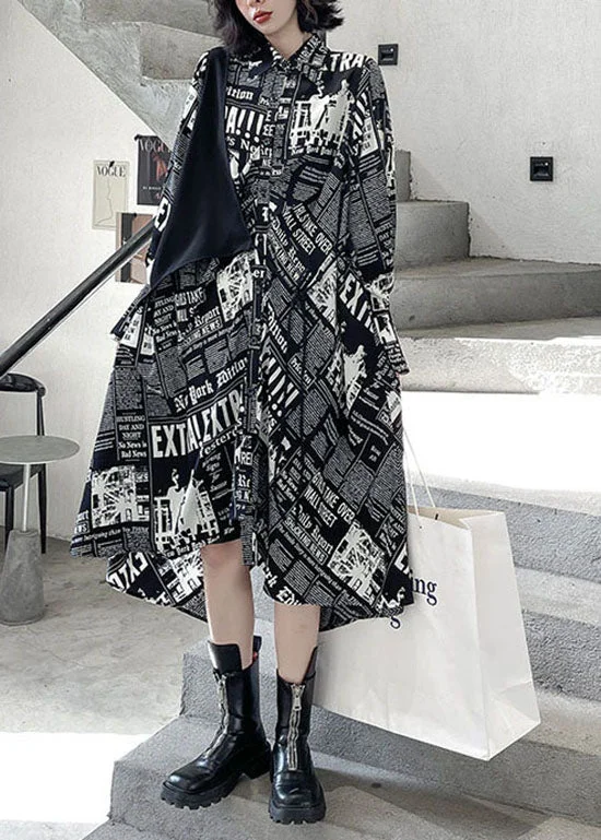 Comfortable Casual Dresses Streetwear Black low high design print Patchwork Satin shirt Dress Spring