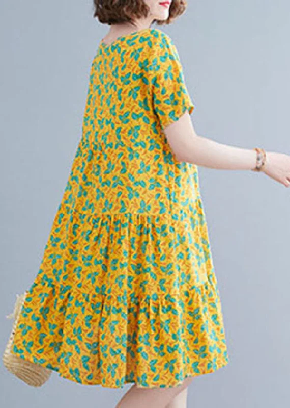 Soft Cotton Dresses Yellow Print Patchwork Cotton Long Dresses O-Neck Wrinkled Short Sleeve