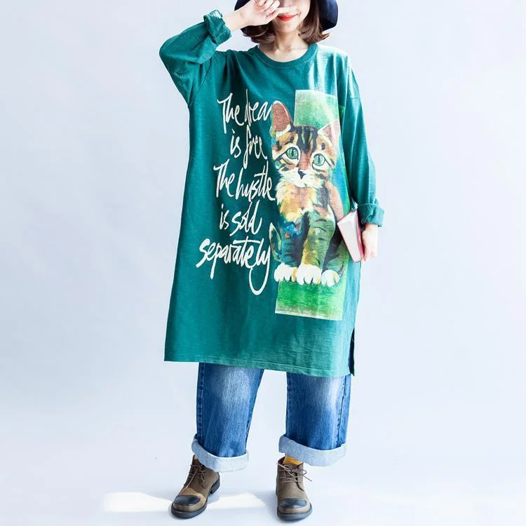 Women's Outdoor Dresses Pure cotton green cat print oversized dresses plus size causal jumpers