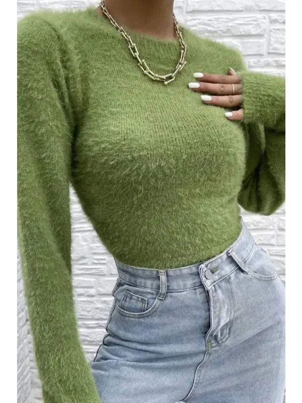 Oversized Ribbed Knit Tops Fuzzy Open Back Sweater In Green