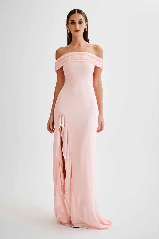 Dressy Evening Dresses Audrey Off Shoulder Mesh Maxi Dress - Pale Pink