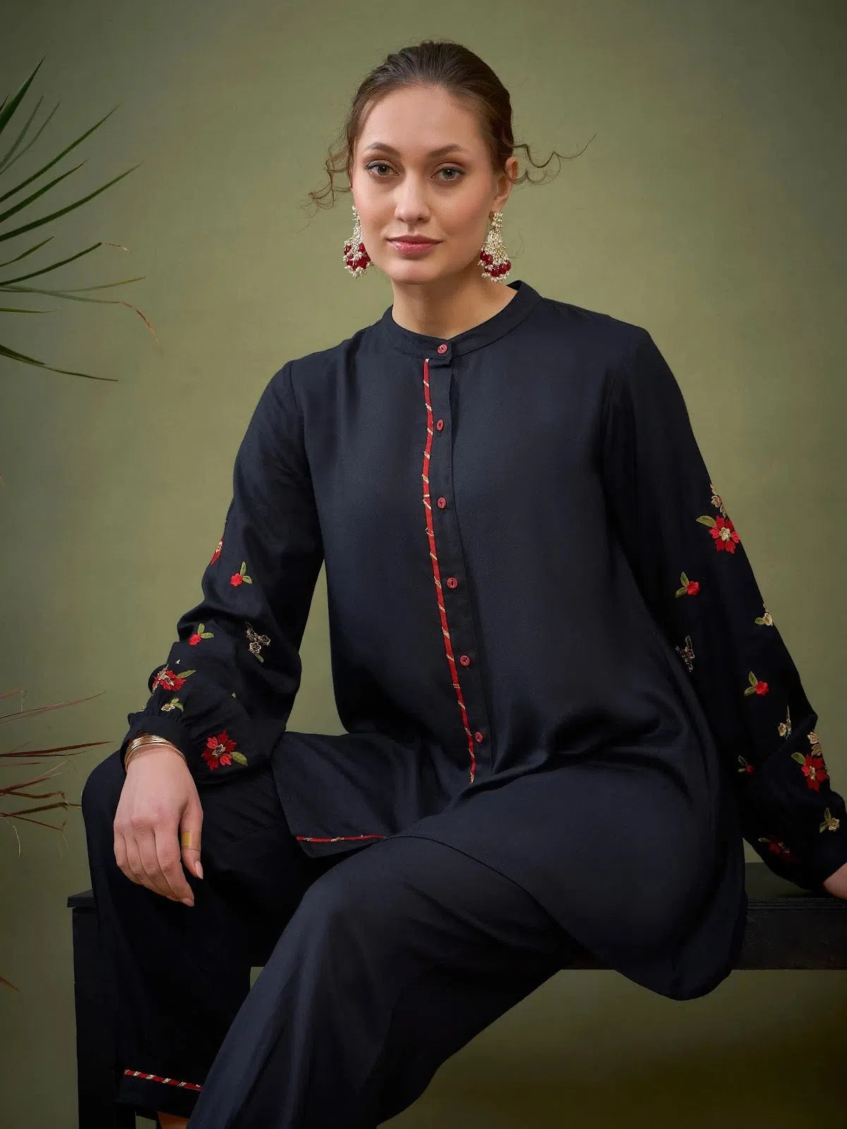 Chic One-Piece Jumpsuits Women Black Sleeve Embroidered Shirt With Cuff Pants