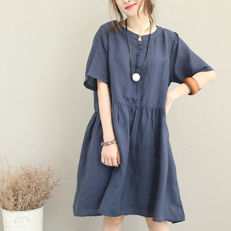 Dressy Evening Dresses stylish blue linen dress oversize linen maxi dress women ruffles o neck cotton dress