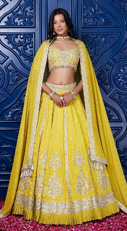 Chic Evening Dresses Yellow Tissue Silk Embroidered Lehenga Set