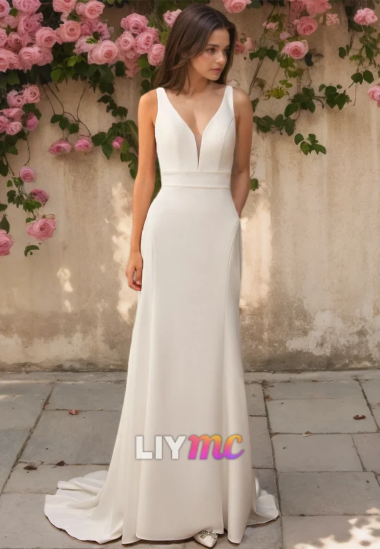 Casual Day Dresses V-Neck Straps Sleeveless Sleek Mermaid Wedding Dress