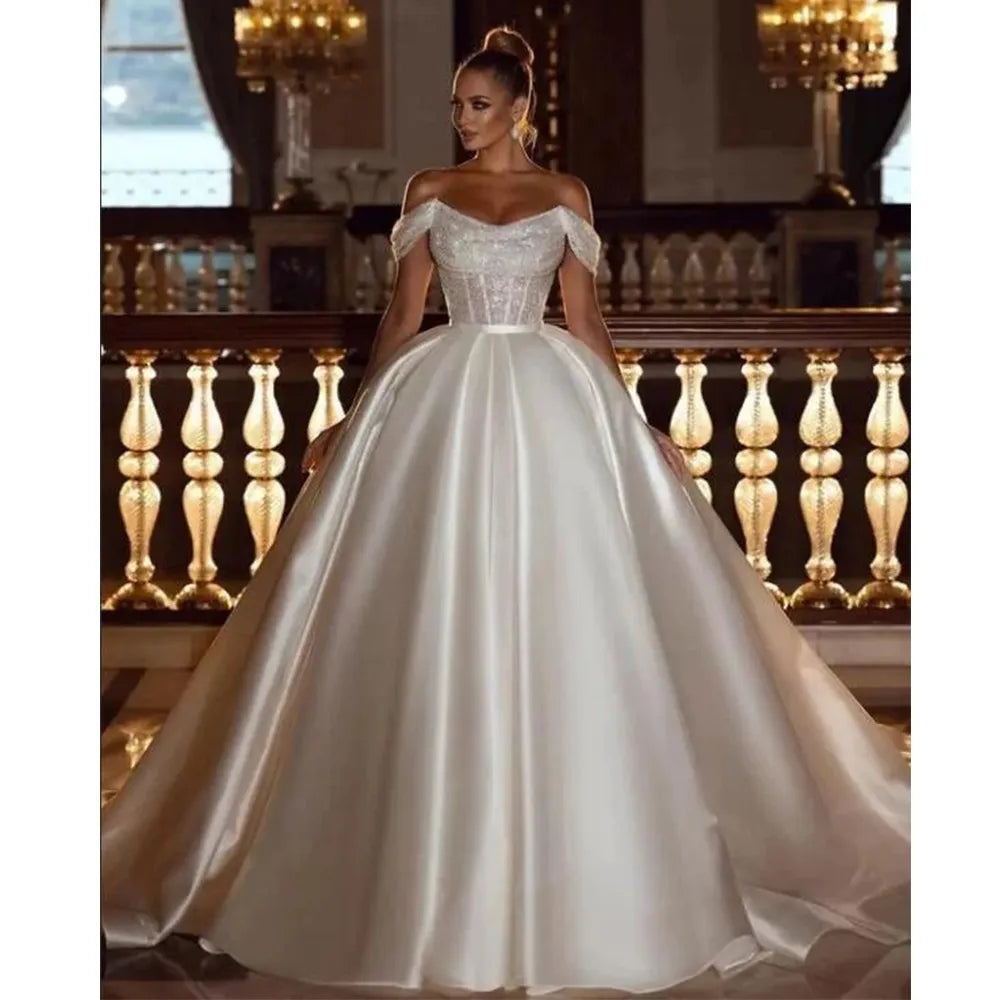 Bold Colored Dresses A-Line Sexy Off Shoulder Wedding Dresses Shiny Bohemia Women's Tulle Princess Satin Bridal Gowns Robe De Mariée Vestido فست