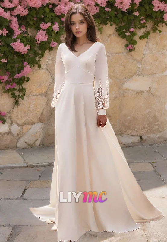 Women's Holiday Dresses V-Neck Long Sleeves Pleated Appliques A-Line Wedding Dress