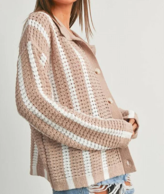 Bold Colored Knit Tops Stripe Button Front Sweater In Beige