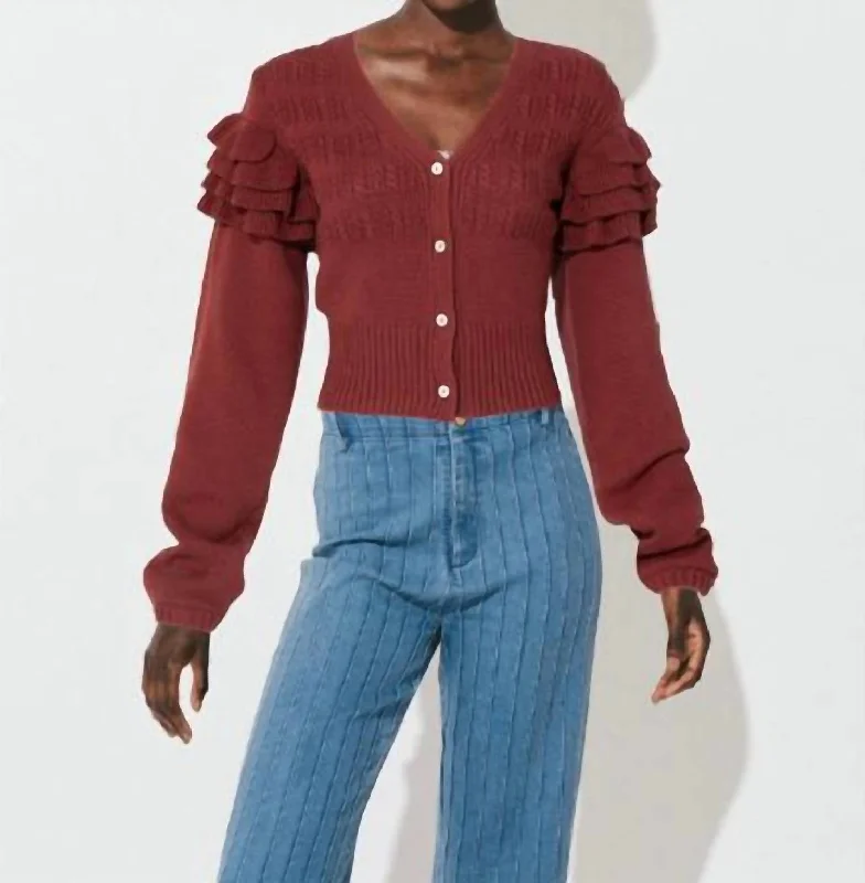 Knit Tops For Evening Wear Bess Ruffle Cardigan In Bright Rust