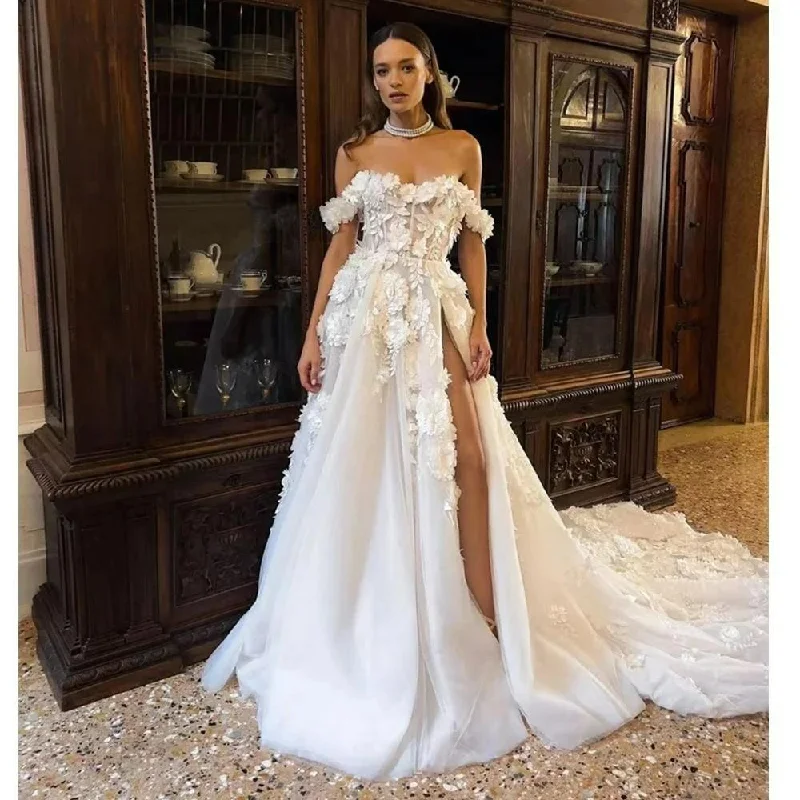 Chic Evening Dresses Sweetheart A-line Wedding Dress Tulle Appliques Flowers High Slit Bridal Gowns Fashion Amanda Novias Vestido De Novia