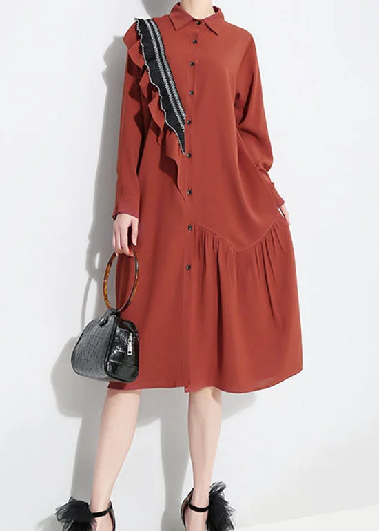 Women's Outdoor Dresses Fashion Red Peter Pan Collar Asymmetrical Ruffled shirt Dress Spring