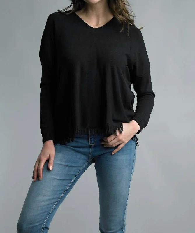 Ribbed Knit Tops V-Neckline Fringe Hem Sweater In Black