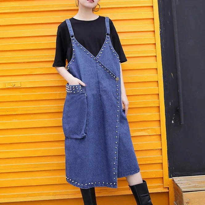 Women's Holiday Dresses stylish denim blue Midi-length cotton dress Loose fitting cotton maxi dress Fine rivet decorated sleeveless knee dresses