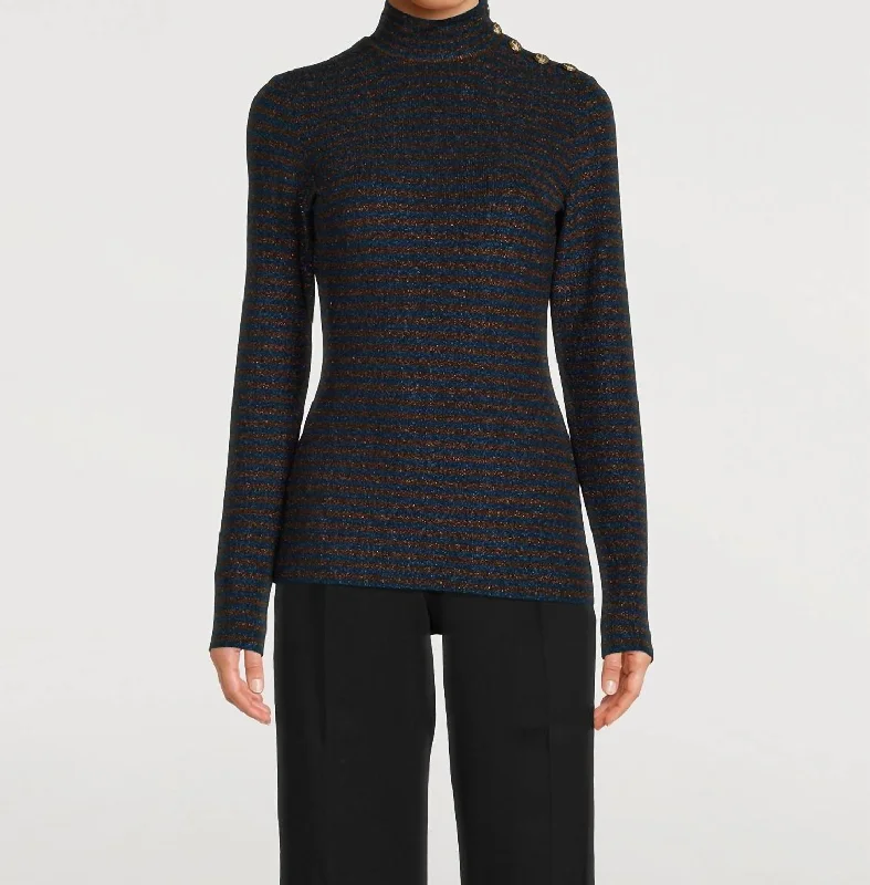 Stylish Knit Tops For Every Occasion Buttoned Turtleneck Sweater In Blue/bronze Metallic Stripe