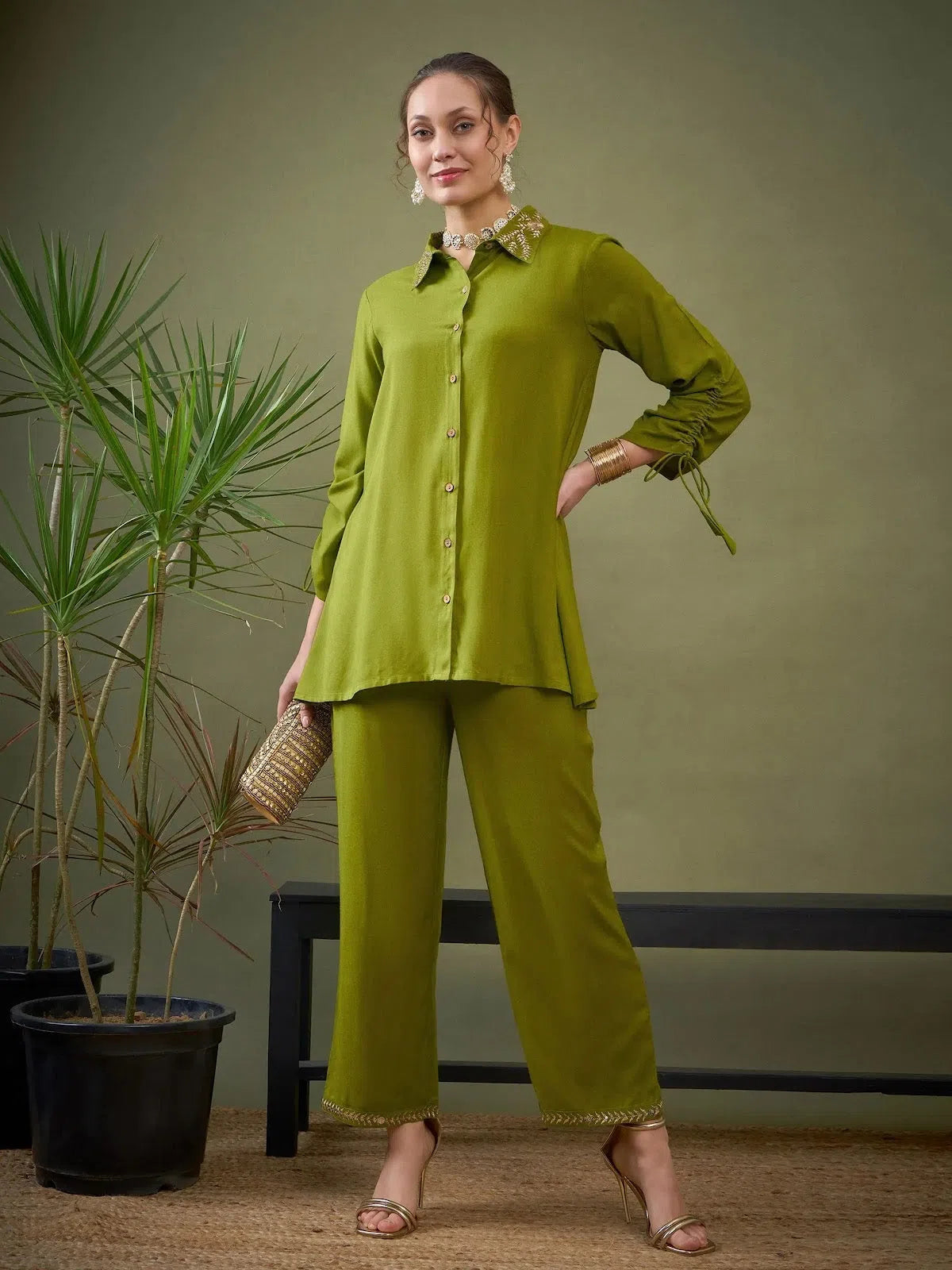 Women's Stylish One-Piece Outfits Women Green Collar Embroidered Shirt With Palazzos