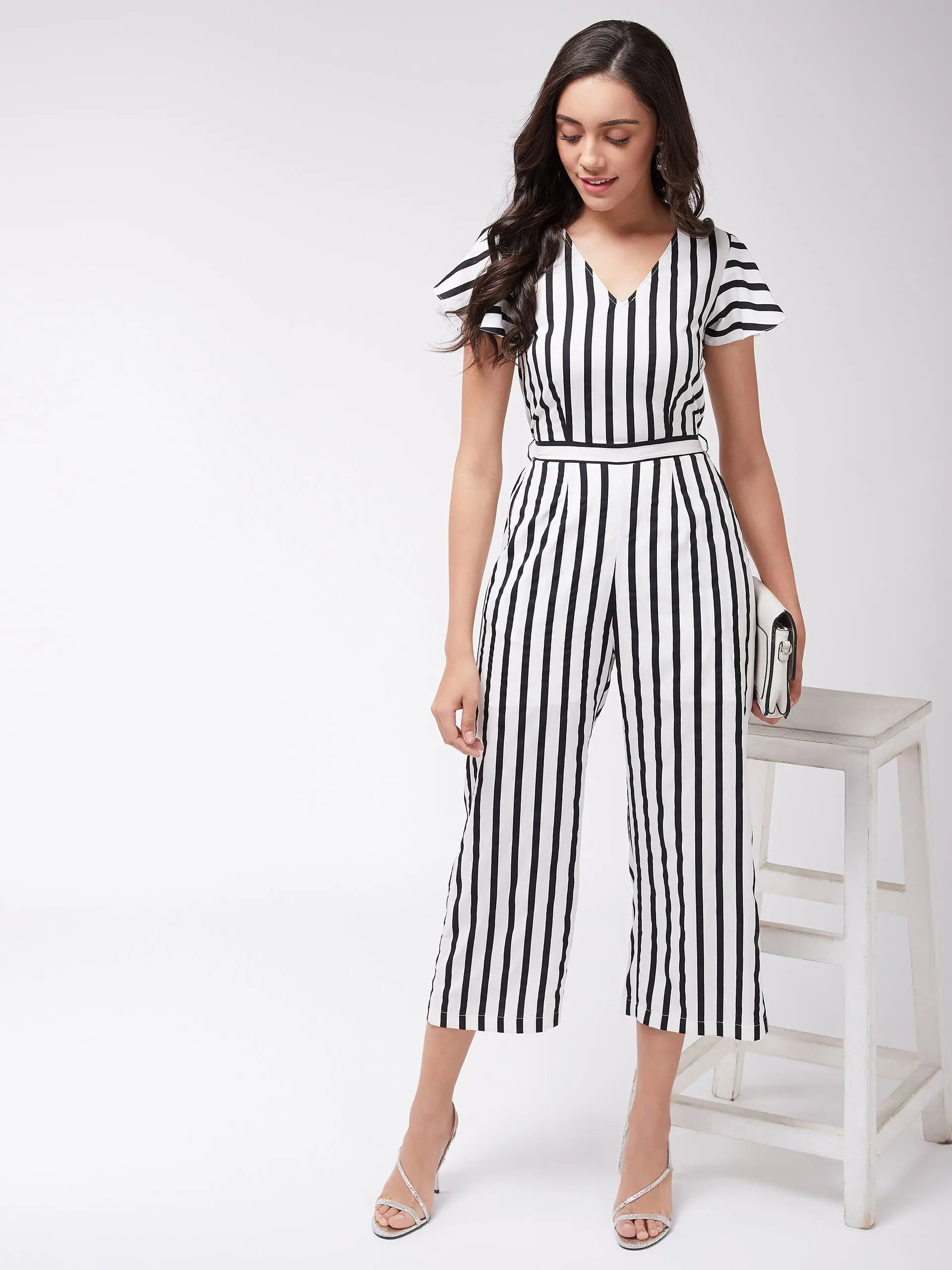 Stylish One-Piece Workwear Outfits Monocromatic Stripes Jumpsuit