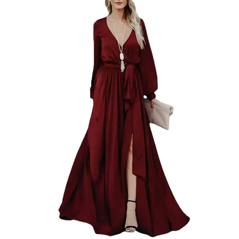 Casual Day Dresses Glitzy Night Satin Belted Maxi Dress