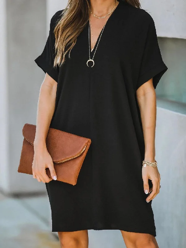 Chic Trench Dresses V-neck Short Sleeve Solid Color Loose Dress