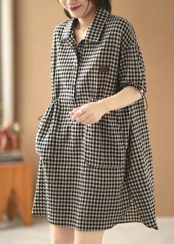 Casual Day Dresses Stylish Black Beige Plaid Peter Pan Collar Drawstring Cotton Vacation Dresses Short Sleeve