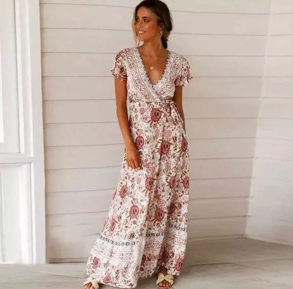 Casual Day Dresses Boho Floral Summer Maxi Dress for Women, Bohemian Summer Dress