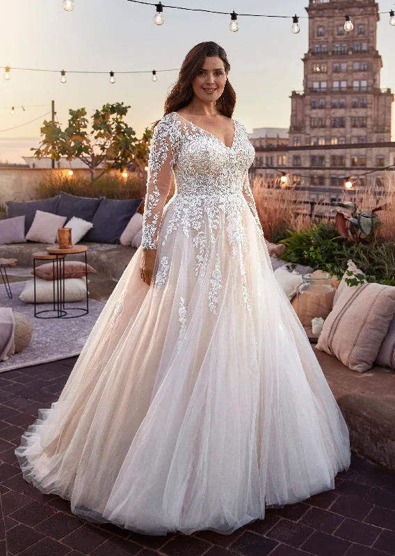 Stylish Summer Dresses Light Champagne Wedding Dresses Plus Size Long Sleeves V-Neck Bride Gowns Lace A-Line vestidos de novia talla grande